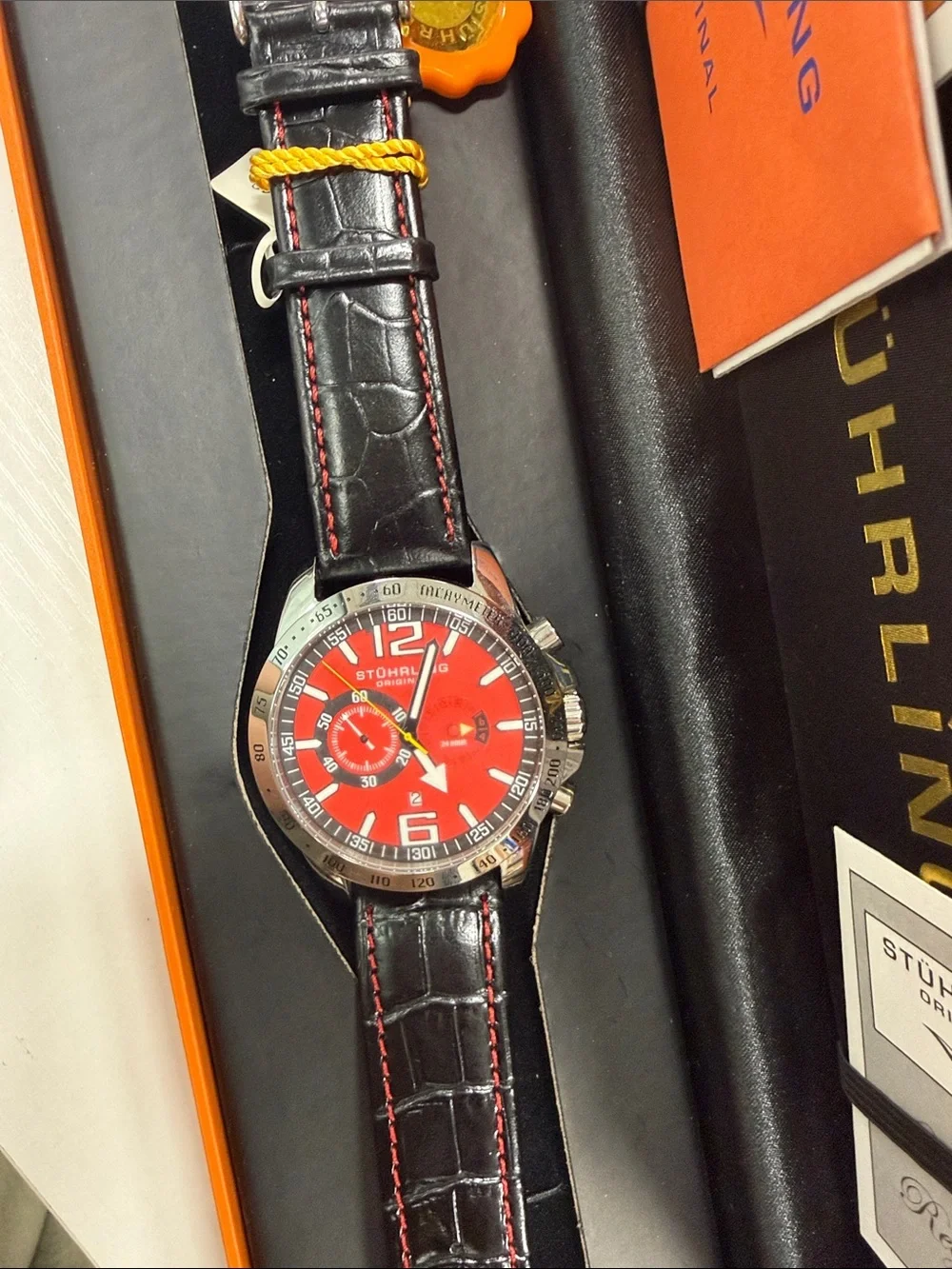 Stuhrling Original Red Dial Watch with Black Croc Leather Strap